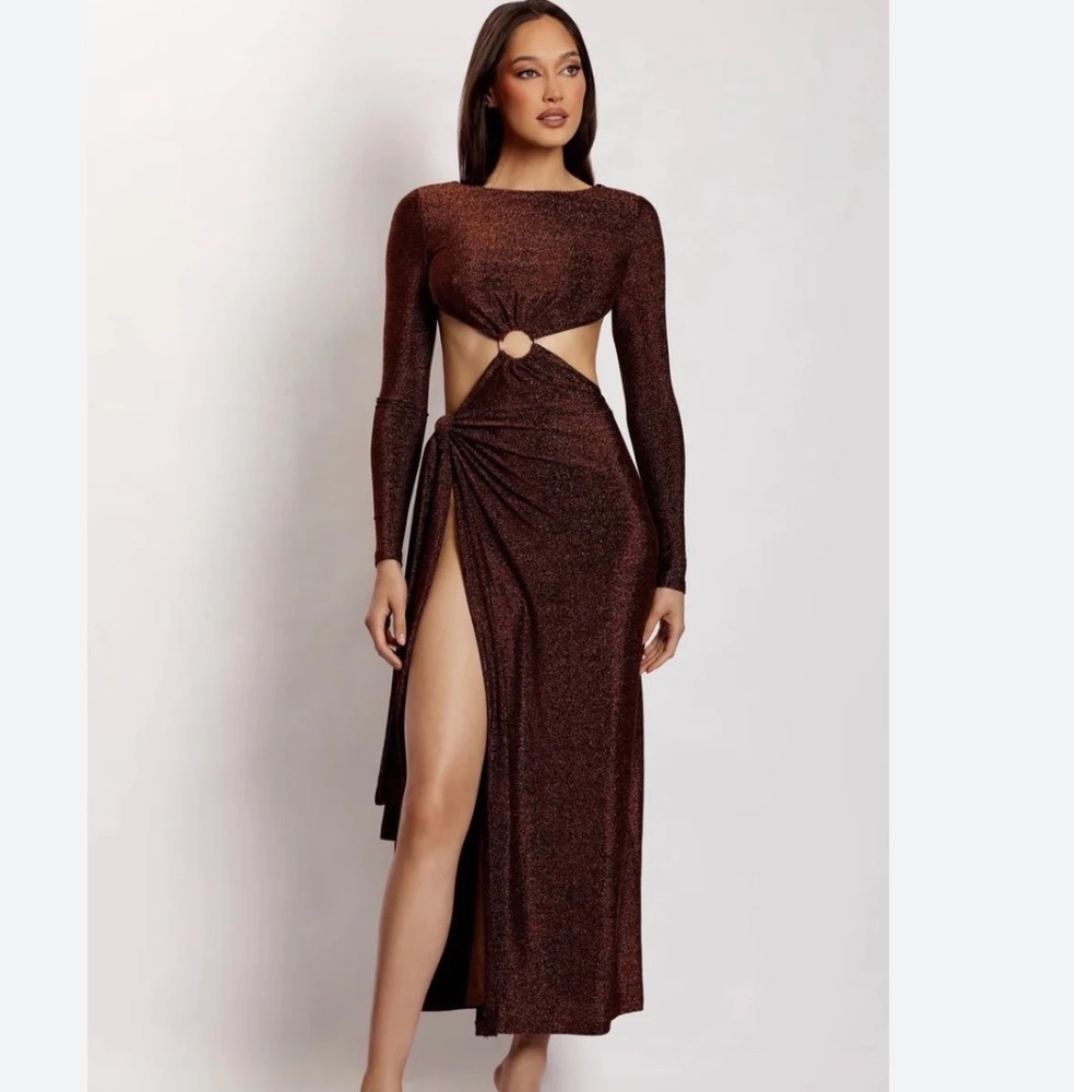 Meshki Christina Maxi Dress Brown  Cutout Long Sleeve Backless Bronze Gown NWT
